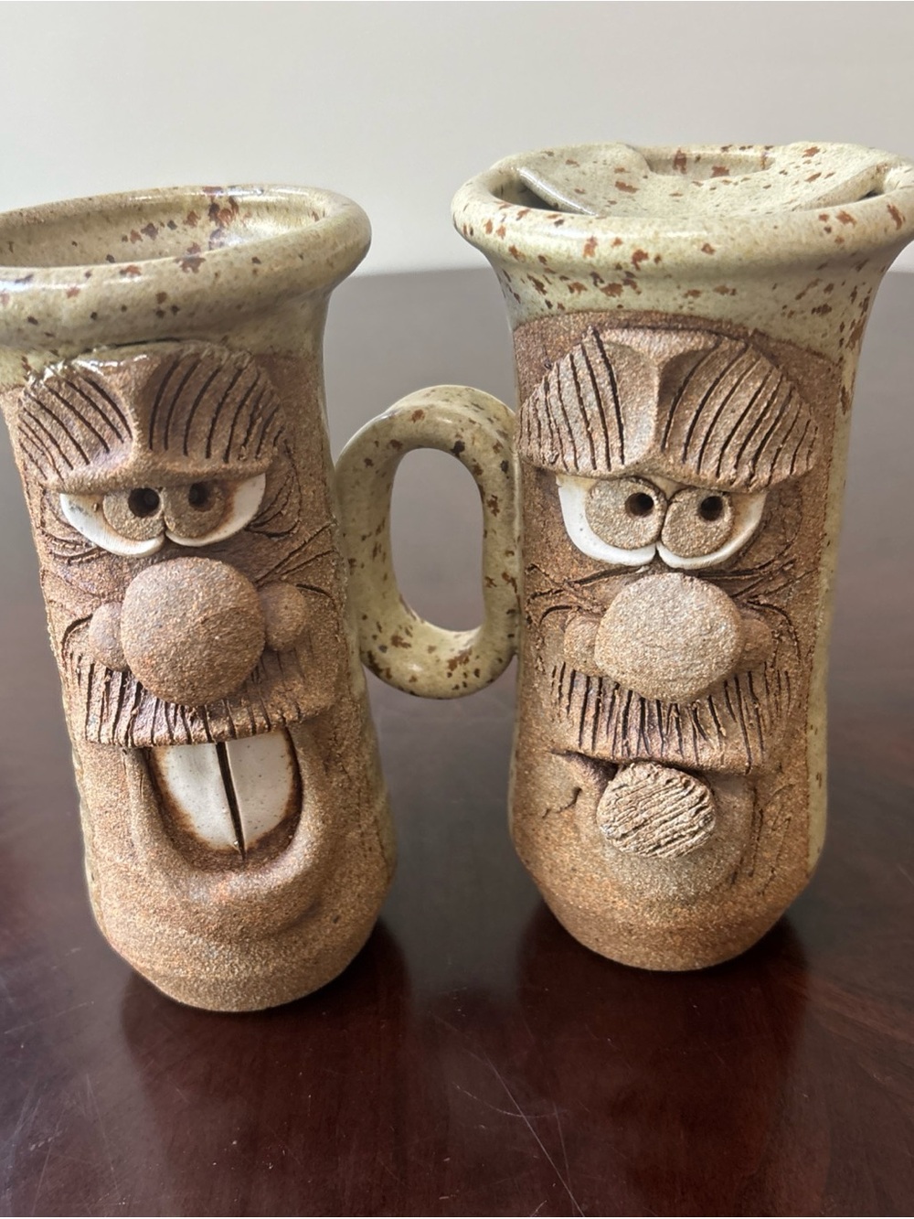 Handcrafted Brown Ceramic Face Vases - Pair
